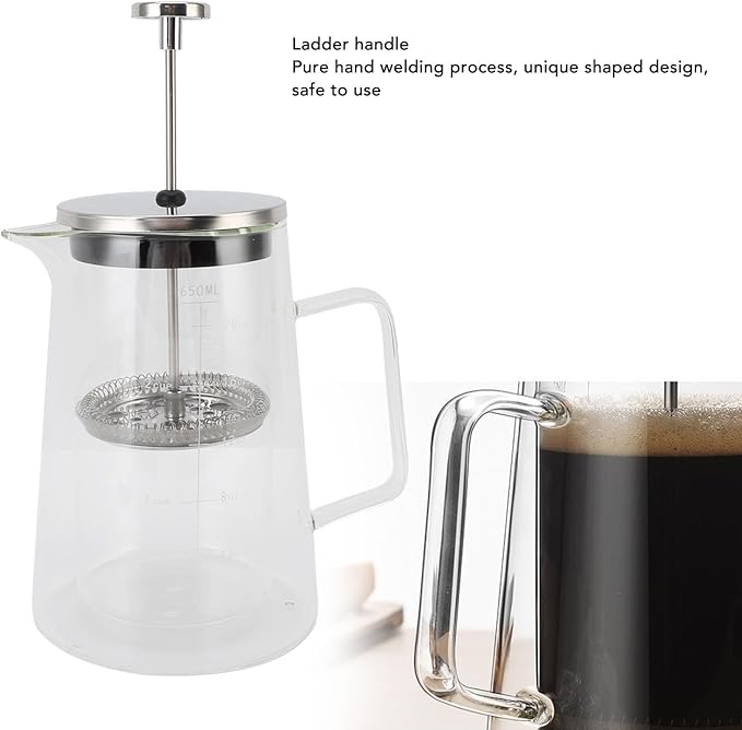 French Press Coffee Maker 650ML High Borosilicate Glass Coffee Plunger Pot with V Shape Spout and Temperature Proof Design for Home Studio Tea Room