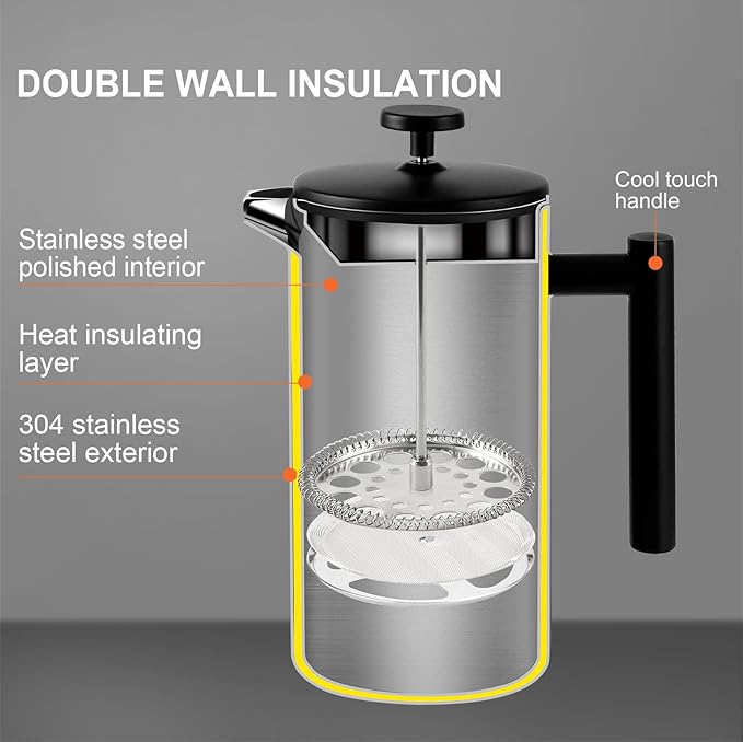Secura French Press Coffee Maker 304 Grade Stainless Steel Insulated Coffee Press with 2 Extra Screens 34oz (1 Litre) Black