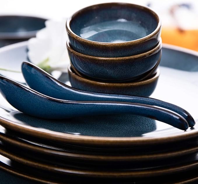 Dinner Plates Creativity Ceramics Dinner Sets 26 Pieces Blue Nordic Style Porcelain Combination Set - Bowl/Dish/Spoon | Kiln Glaze Dinnerware for Restaurant Box