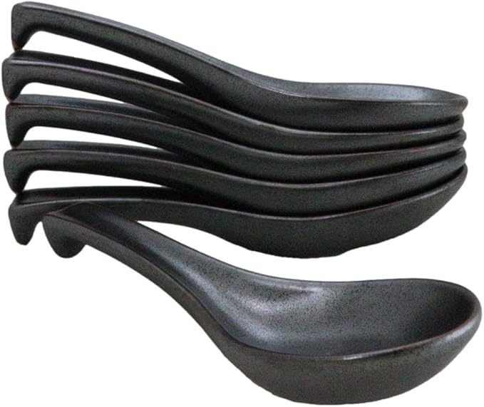 Ebros Gift Iron Black Clay Underglaze Technique Tetsu Kesho Porcelain Dinnerware Kitchen Set Asian Japanese Restaurant Supply (Pack of 6 Asian Soup Spoons With Hook)