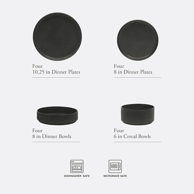 Gibson Elite Deerfield 16-Piece Stoneware Dinnerware Set – Matte Black Reactive Glaze Plates and Bowls Stackable Modern Design Service for 4 – Microwave &amp Dishwasher Safe