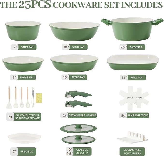 Ceramic Cookware Set Non Stick 23Pcs Pots and Pans Set Non Toxic with Detachable Handle Induction Kitchen Cookware Set Space Saving Oven &amp Dishwasher Safe Green