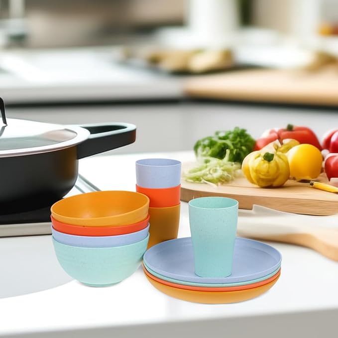Mobestech 12pcs Wheat Straw Dinnerware Set Plates and Bowls Microwave Safe Reusable Snack Bowls Lightweight Eco-friendly Tableware for Home and Camping