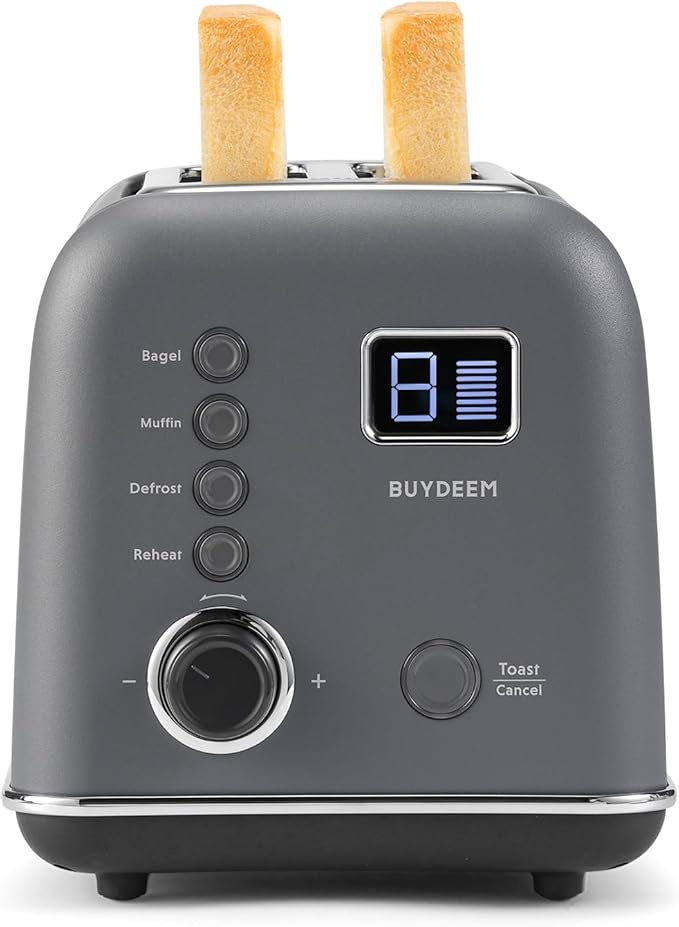 BUYDEEM DT730 Motorized Toaster 2-Slice Smart Digital Leverless Toaster with LCD Countdown Timer 9-Shade Settings for Toast Bagels Waffles Muffins