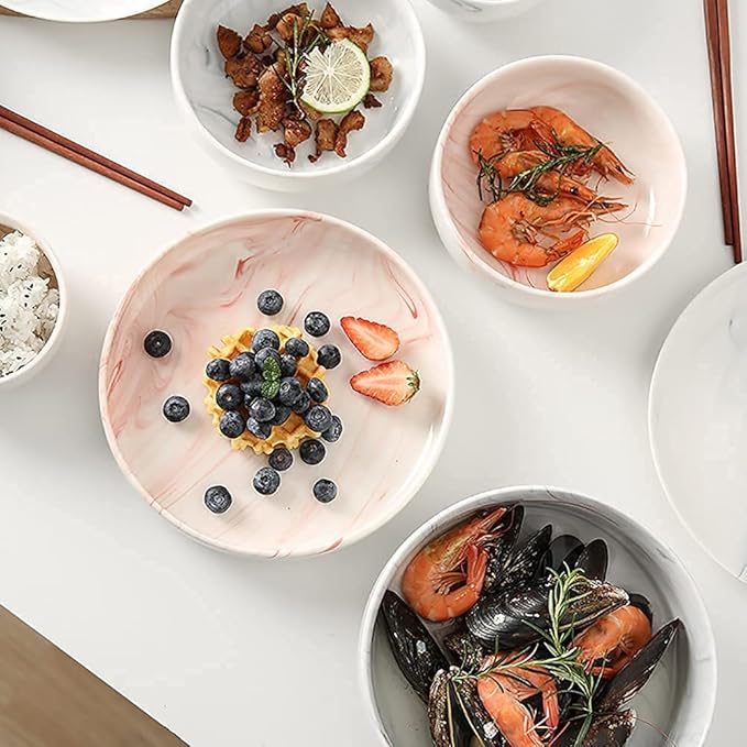 Kitchen Tableware SetCeramics Dinnerware Set Pink Marbling Chip Resistant Dinner Set/Porcelain Combination Tableware-Plates and Bowls Set for Indoor Outdoor Party