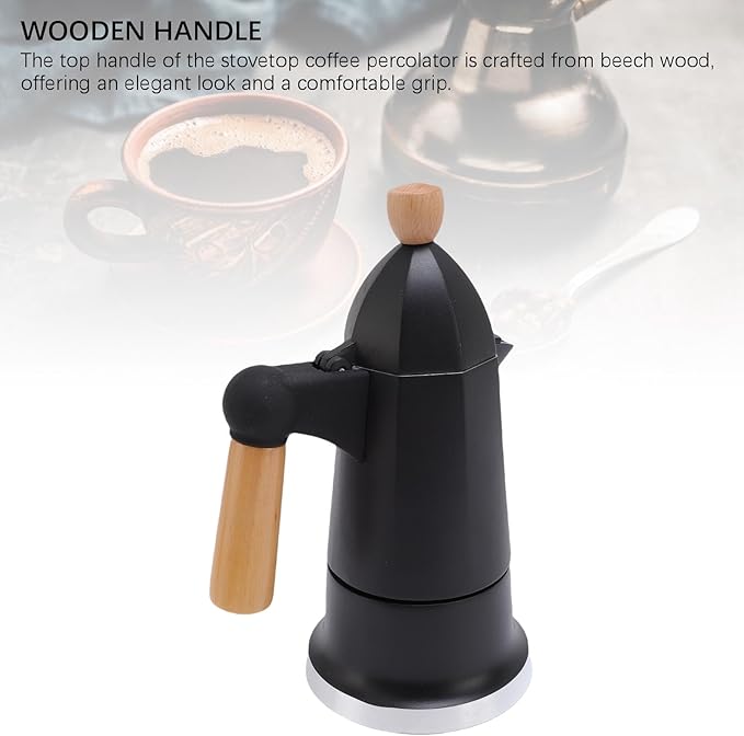 Stovetop Coffee Maker 3 Cups Single Valve Aluminum Alloy Percolator Coffee Maker Pot with Wooden Handle for Home Brewing Easy to Use &amp Clean (Black)
