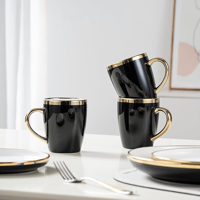Stoneware Tableware Set for 4 Ceramic Dinnerware Sets with Gold Trim Including 10.5 Dinner Plates 7.75 Dessert Plates 6 Dinner Plates and 14oz Coffee Cups Porcelain (Black Glod)