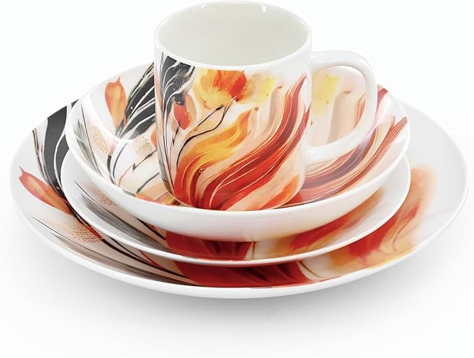 16‑Piece Porcelain Dinnerware Set with Floral Design – Round Plates Bowls and Mugs Microwave &amp Dishwasher Safe Tableware for 4 (Multi Color)