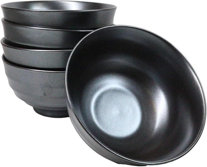 Ebros Gift Iron Black Clay Underglaze Technique Tetsu Kesho Porcelain Dinnerware Kitchen Set Asian Japanese Restaurant Supply (Pack Of 5 Medium Soup Salad Rice Bowls 24oz)
