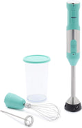 GreenLife 500-Watt Immersion Electric Handheld Stick Blender with Stainless Steel Blades Whisk Frother Measuring Cup and Lid Soups Puree Cake Multi-Speed Control Portable Turquoise