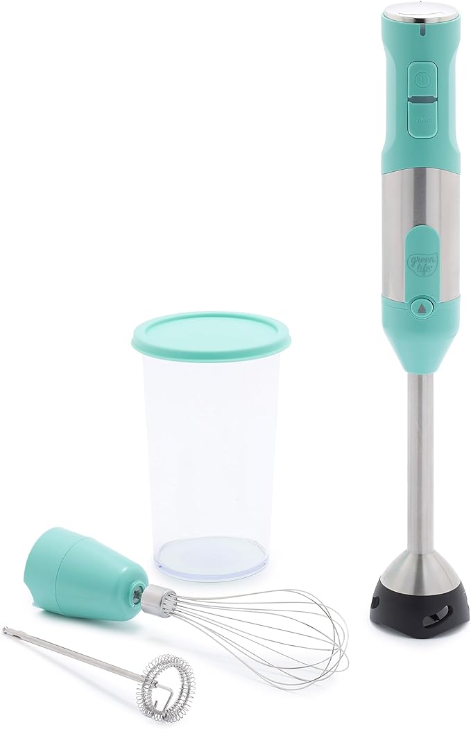 GreenLife 500-Watt Immersion Electric Handheld Stick Blender with Stainless Steel Blades Whisk Frother Measuring Cup and Lid Soups Puree Cake Multi-Speed Control Portable Turquoise