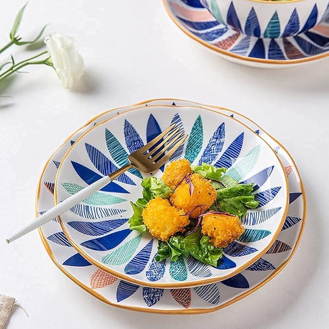 18 Pcs Dinnerware Sets Hand Painted Leaf Pattern Porcelain Tableware Set With Plates And Bowls Ceramic Dinner Set For Home Kitchen