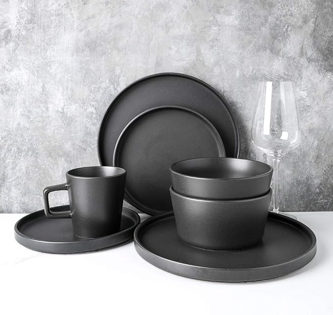32 Piece Modern Trendy Stoneware Dinnerware Set Service for 8 Unique Lipped Edge Fully Dishwasher Microwave Safe Solid Color Grey Dinnerware Set