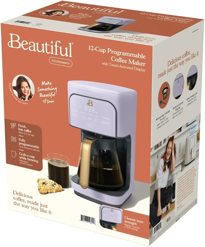 12 Cup Programmable Coffee Maker 24 Hour Auto Brew Touch Display Bold Strength Control Glass Carafe Reusable Filter Auto Shut Off (Lavender)