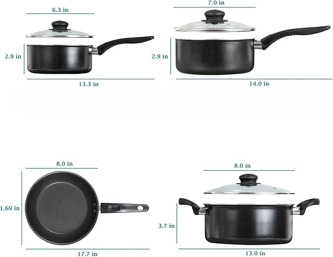Black 7 Piece Non Stick Aluminum Pots and Pans Set Includes 1QT 2QT Saucepan 4QT Dutch Oven 8 Frying Pan with Lids Dishwasher Safe Cookware for Even Heat Cooking (Black)