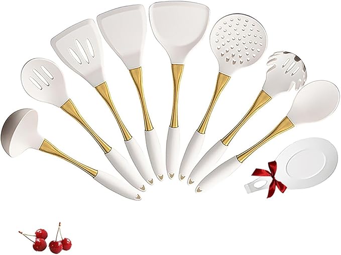 White And Gold Silicone Cookware Set 9-Piece Universal Kitchen Utensilsgold with white kitchen utensilsSilicone Spatula Cooking Spoons for Nonstick Cookware Golden Stainless steel Handle