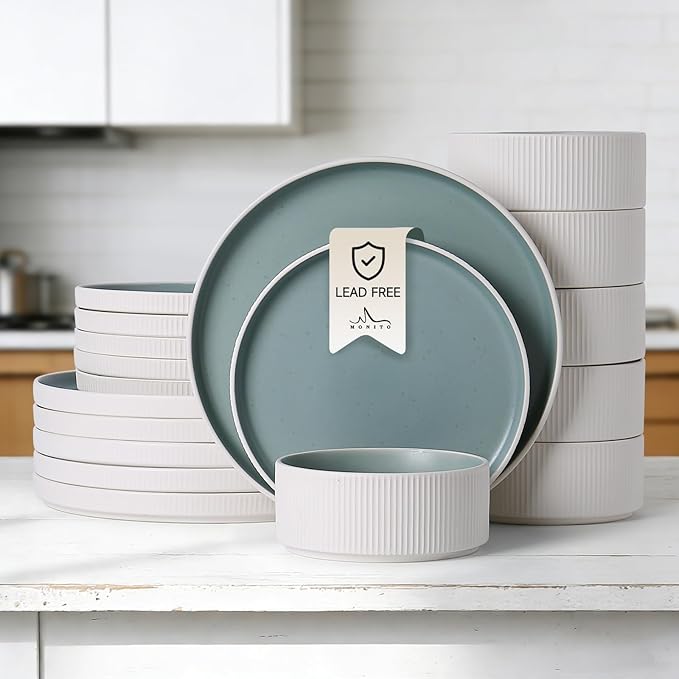 MONITO Ceramic Dinnerware Sets for 4 18PCS Stoneware Plates and Bowls Sets Reactive Glaze Dish Set Chip and Scratch Resistant Double Microwave and Dishwasher Safe White Cyan