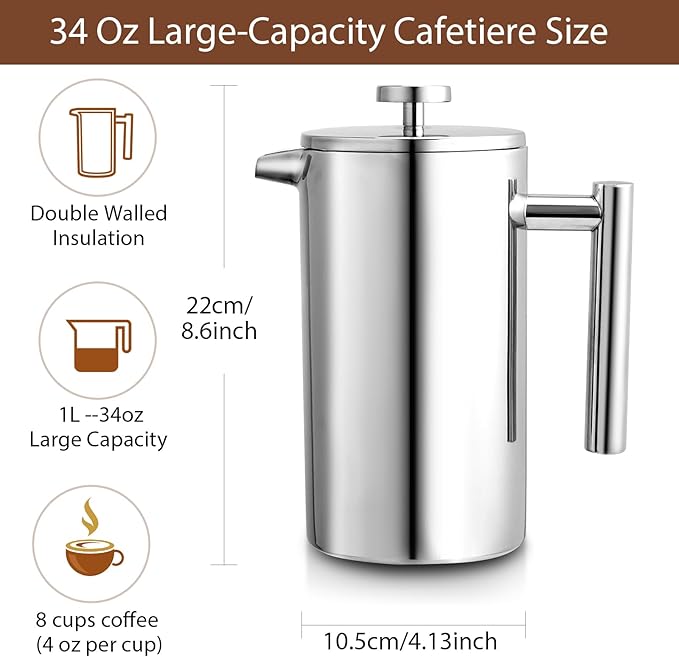 34oz French Press Coffee Maker 1000ml Stainless Steel Double Insulated Cafetiere 8 Cup Espresso Coffee Press Portable Coffee Plunger Pot for Home Office Camping