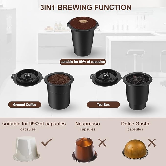 SIFENE 3-in-1 Pod Coffee Machine KC101 - Single Serve Coffee Maker - Quick Brew for Pods Ground Coffee Tea Black