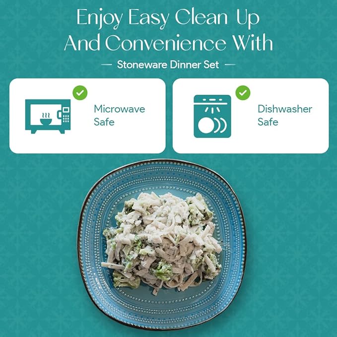 American Atelier 16-Piece Teal Stoneware Dinnerware Set - Includes Dinner Plates Salad Plates Bowls Mugs