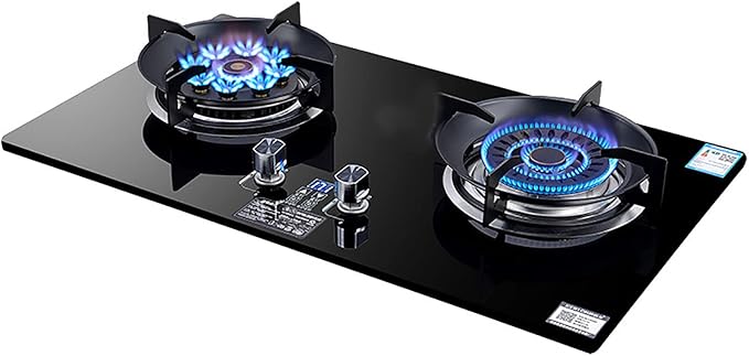 Drop-In Gas Stove Top 2 Burner Tempered Glass Gas Cooktop Home Kitchen Built-In Gas Cooker 0-180 Minutes Timer Easy To Clean Black
