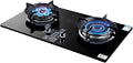 Drop-In Gas Stove Top 2 Burner Tempered Glass Gas Cooktop Home Kitchen Built-In Gas Cooker 0-180 Minutes Timer Easy To Clean Black
