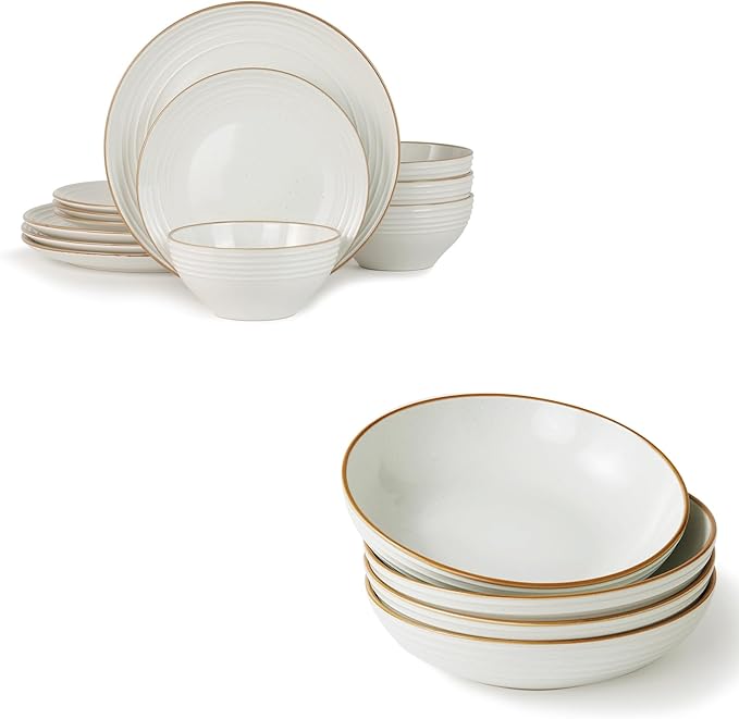 Famiware Jupiter Plates and Bowls Set for 4 16 Pieces Dinnerware Sets 8.5 Pasta Bowls for Serving White