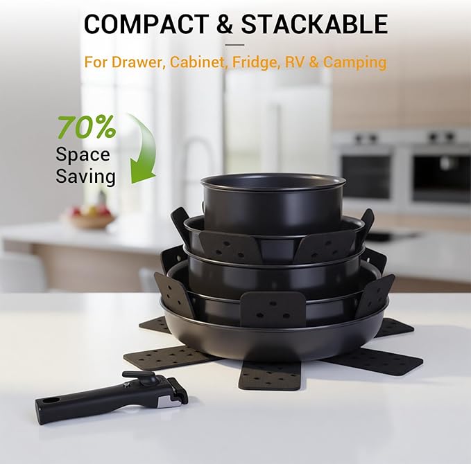 Ammeloo 18 Pcs Ceramic Pots and Pans Set Non Stick Kitchen Cookware Set with Detachable Handle Non Toxic Cooking Set with Removable Handle for RVs Camping Fridge Dishwasher/Oven Safe