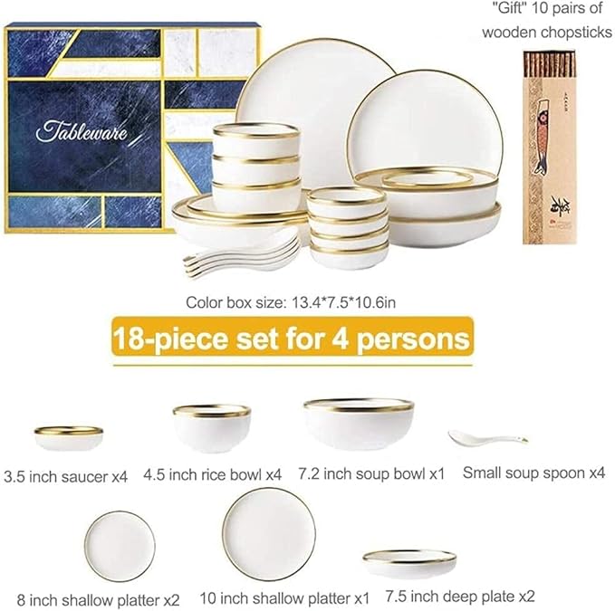 Dinnerware Sets - Luxury Gift Dishes Service Set Dinnerware Sets Service for 2/4/6 Kitchen Plates and Bowls Sets White Luxury Bone China Tableware Nordic Gold Porcelain Dish Set(18Pcs)