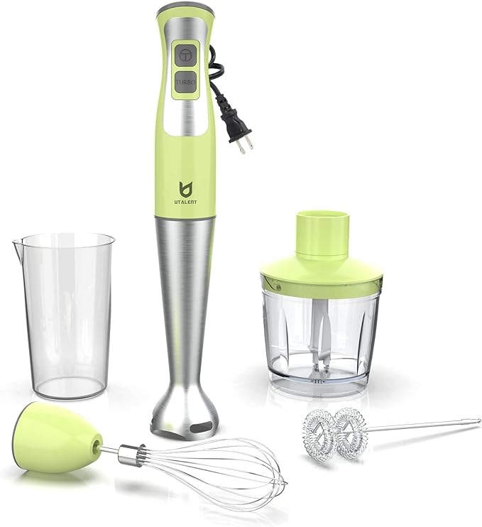 Immersion Hand Blender UTALENT 5-in-1 8-Speed Stick Blender with 500ml Food Grinder BPA-Free 600ml ContainerMilk FrotherEgg WhiskPuree Infant Food Smoothies Sauces and Soups - Green
