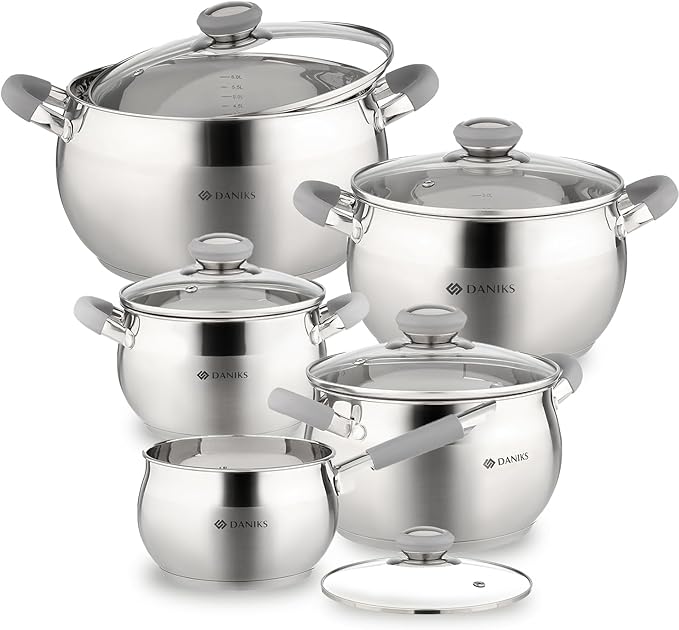 Daniks Modern 10-Piece Stainless Steel Cookware Set with Glass Lids Includes Saucepan Tri-Ply Bases for Even Heating Induction Compatible Dishwasher Safe Heatproof Handles