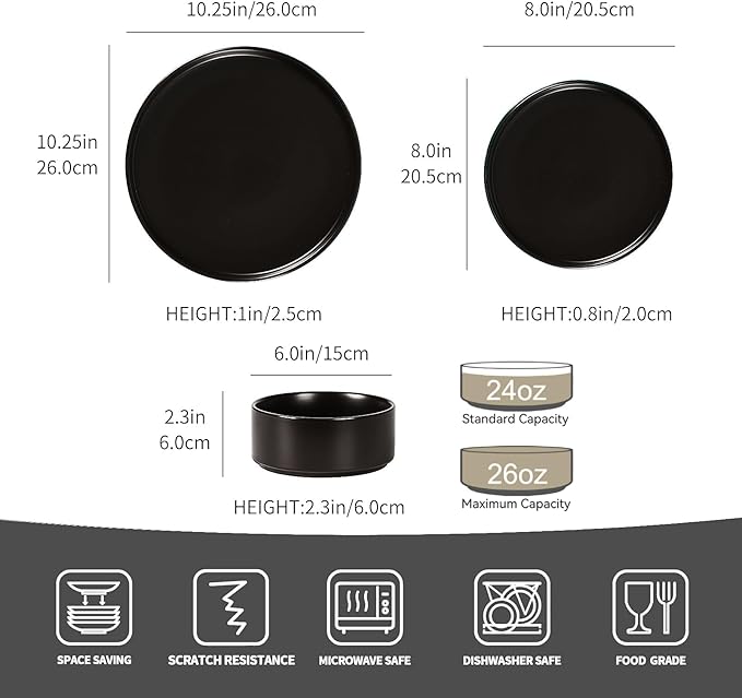 GZG Classic Series - Plates and Bowls Set for 4 12 Piece Stoneware Dinnerware Sets Microwave and Dishwasher Safe Lead-Free Handcrafted Ceramic Dishes Set - Matte Black