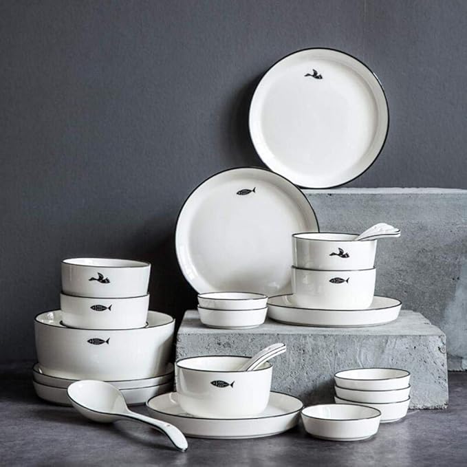Dinner Plates Dishes/Plate/Bowl Set Ceramics Dinnerware Sets Modern Bird and Fish Pattern Plates and Bowls Microwave and Dishwasher Safe 32 Pieces Set