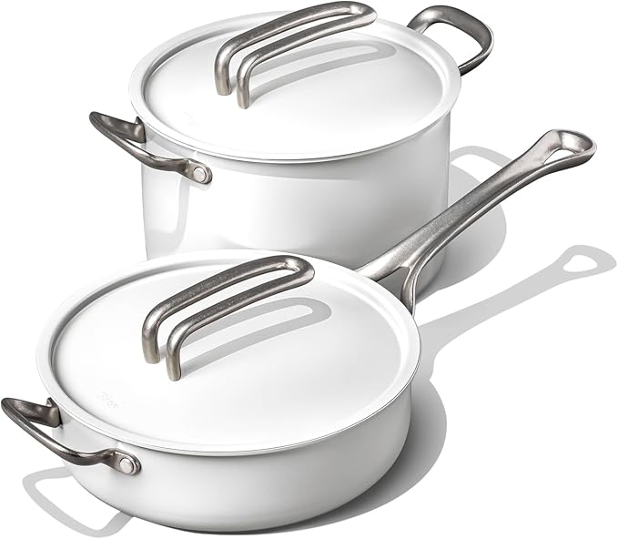 Risa Induction Cookware Pot and Pan Set - Nonstick Ceramic Coating Stainless Steel Handle Cookware Set - 10 inch Pot 11 Inch Pan w/Lid - Natural Ivory - Kitchen Sets for Cooking