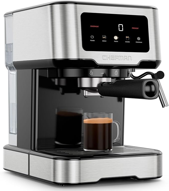 Chefman CraftBrew Espresso Machine 15-Bar Pump Digital Espresso Maker w/Steam Wand for Latte &amp Cappuccino Compact Espresso Coffee Machine w/ 1.5L Removable Water Reservoir - Stainless Steel