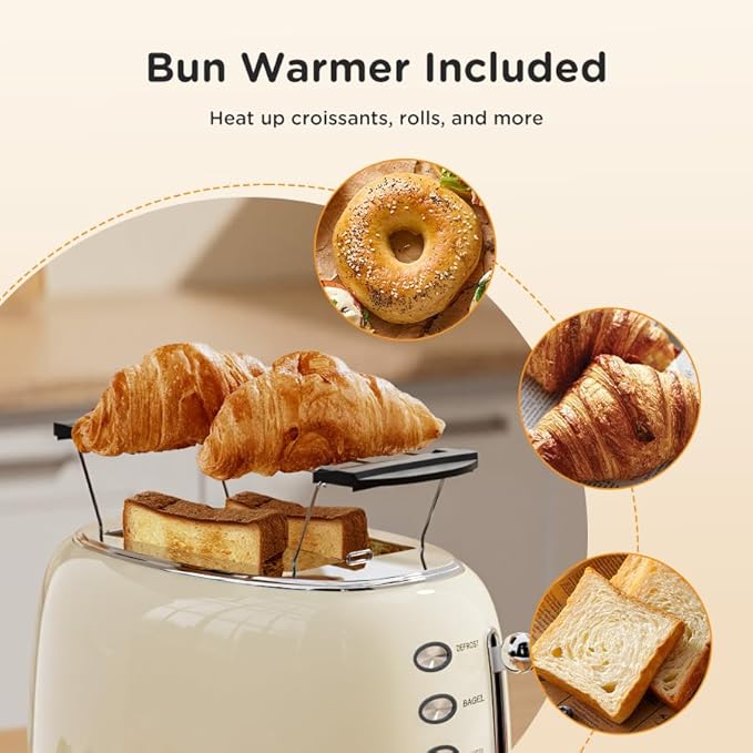 Toaster Retro 2 Slice Vintage White Toaster with Lid with Bread Attachment Preheat Defrost And Cancel Functions 6 Browning Levels (Beige)