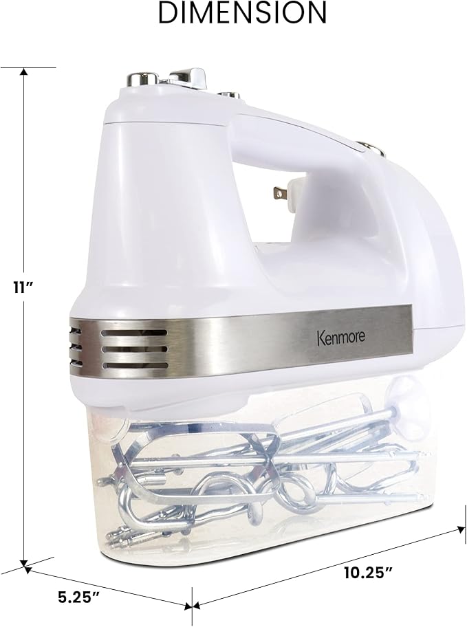 Kenmore Electric Hand Mixer – 5 Speed Handheld Blender Electric Egg Beater with Whisk Beater Dough Hooks Storage Case Turbo Boost for Cake Mix Batidora de Mano Eléctrica