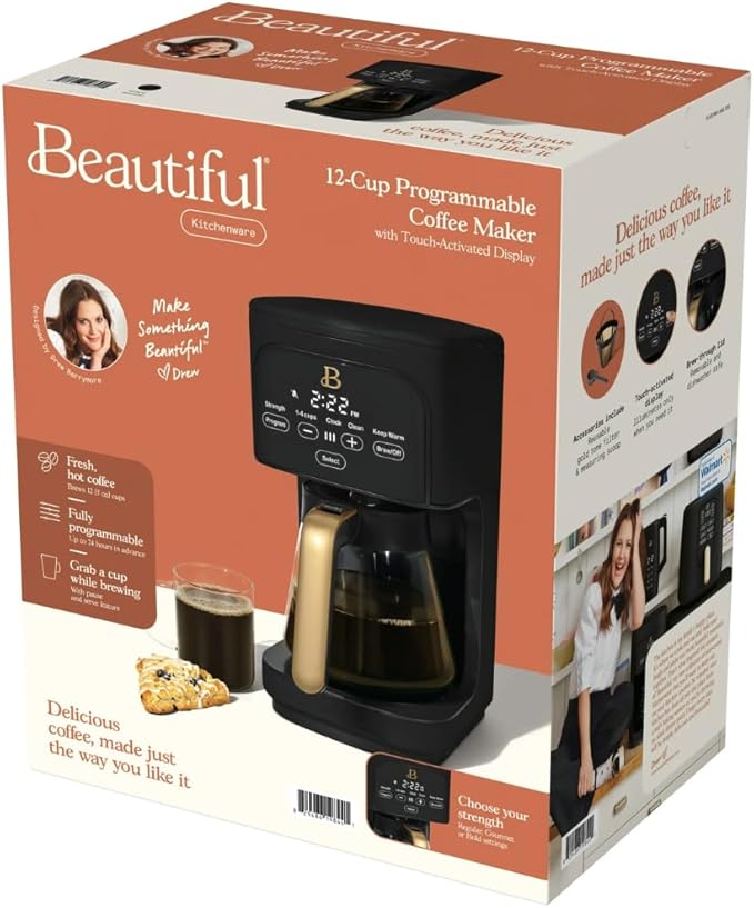 12 Cup Programmable Coffee Maker 24 Hour Auto Brew Touch Display Bold Strength Control Glass Carafe Reusable Filter Auto Shut Off (Black Sesame)