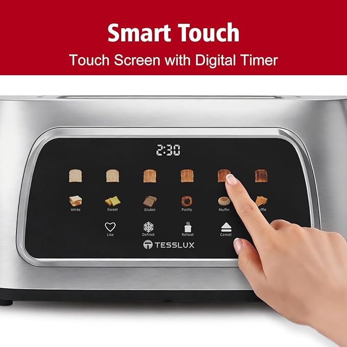 4 Slice Toaster with Touch Screen Control 1.5 Wide Long Slots 6 Browning Levels &amp 6 Bread Types Digital Timer Memory Defrost Reheat (SILVERY)