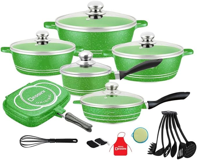 Cookware Seat Set of 18 Pieces Aluminum Marbled Coating Pant and Pits Set with Full Set of Spatulas Compatible with All Heat Sources（Induction Cooker Can Not Be Use） Green