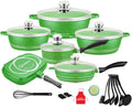 Cookware Seat Set of 18 Pieces Aluminum Marbled Coating Pant and Pits Set with Full Set of Spatulas Compatible with All Heat Sources（Induction Cooker Can Not Be Use） Green