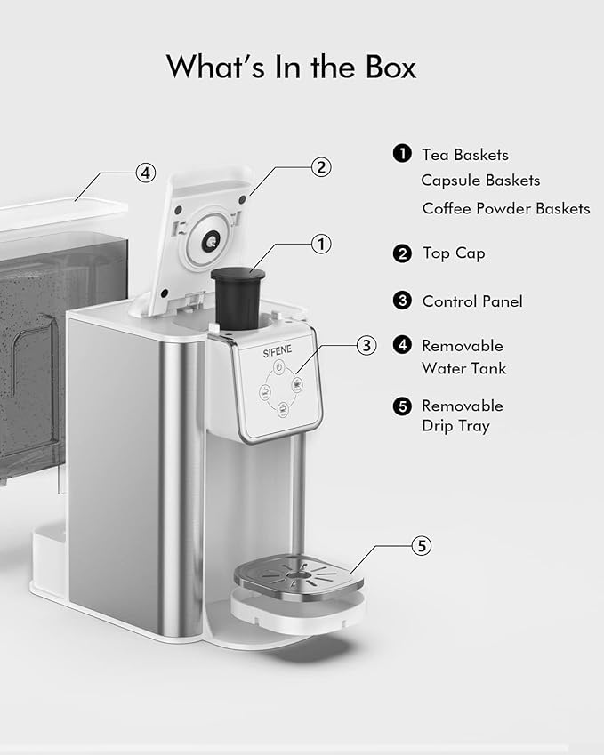 Single Serve Coffee Maker 3-in-1 Pod Ground Coffee &amp Loose Leaf Tea Brewer Fast Brew White Coffee Machine with 1.5L Water Tank Compact One Cup Coffee Maker for Home Office Travel