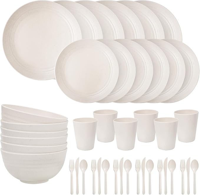 EI 42pcs Wheat Straw Dinnerware SetPlates and Bowls SetsReuasble PlateUnbreakable Dinner Plate for 6Microwave Dishwasher SafeCollege Dorm Room Essentials Dishes Sets-BowlsPlatesCupsCutlery