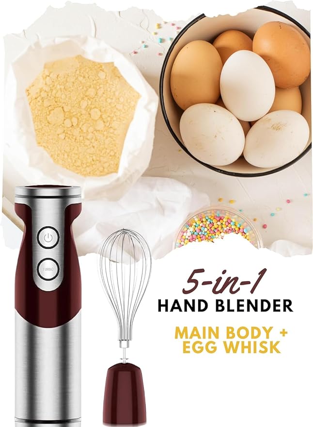 MegaWise Pro Titanium Reinforced 5 in1 Immersion Hand Blender Powerful with 80% Sharper Blades 12 Speed Corded Blender Including 500ml Chopper 600ml Beaker Whisk and Milk Frother