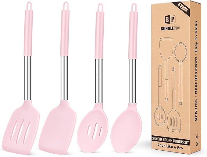 Pack of 4 Silicone Cooking Utensils Set Non Stick Large Solid Spatulas Heat Resistant Pink Slotted Spoons Ideal BPA Free Kitchen Turners for Frying MixingServingDrainingTurningStirring