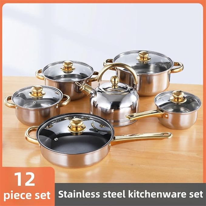 Thickened Stainless Steel Pot Set Soup Pot Milk Pot Frying Pan with Water Kettle 12 Piece Set of CookwareA12Pcs Daishuihu