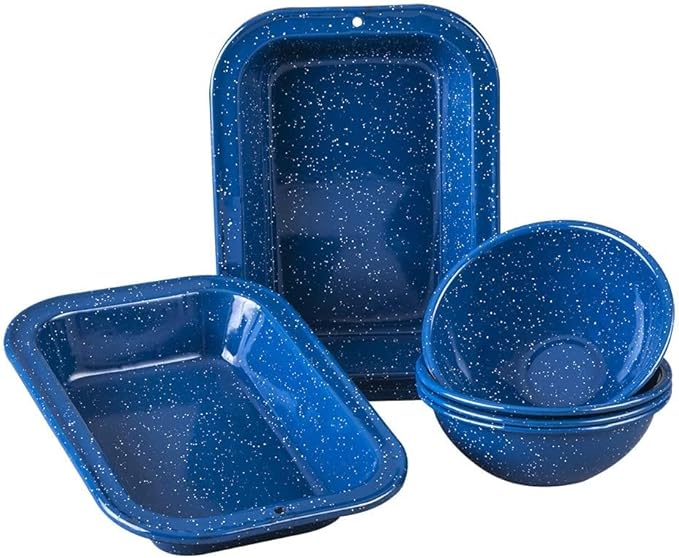 Cinsa 23 Piece. Enameled Dinnerware Camping/Outdoor Set for 4. Includes Plates Bowls Mugs Coffee Boiler.