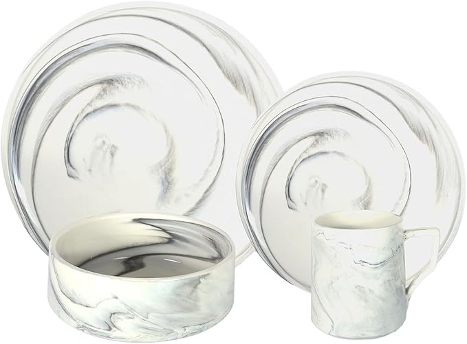 16 Piece Plates and Bowls Sets Fine China Artisan Marbled Dinner Set for 4 Dishwasher Safe Dinnerware Set Scratch Resistant Grey