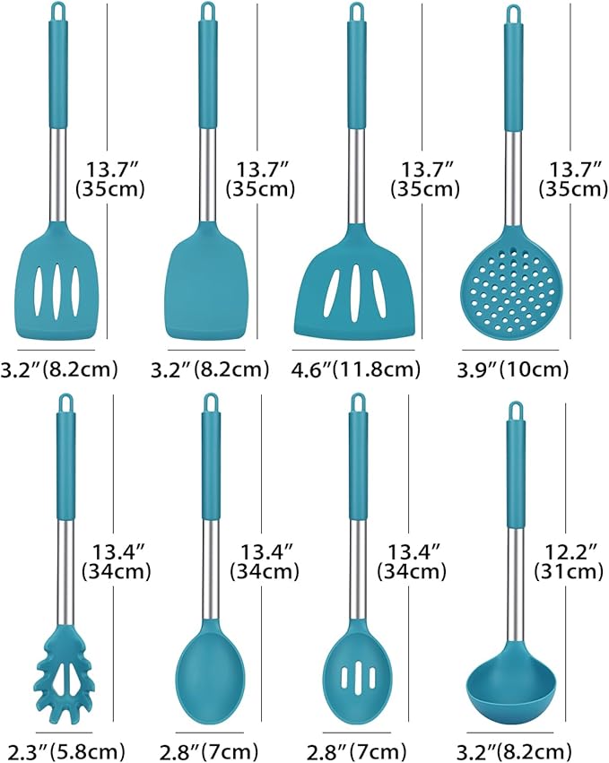 Silicone Cooking Utensil Set 8Pcs Non-stick Cookware with Stainless Steel Handle BPA Free Heat Resistant Kitchen Tools with Spatulas Turners Spoons Skimmer and Pasta Fork