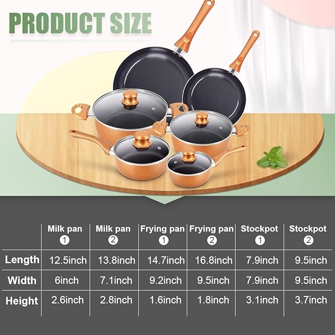10pcs Cookware Set Non-stick Frying Pans Set Ceramic Coating Soup Pot Milk Pot Copper Aluminum Pan with Lid Gas Induction Compatible 1 Year